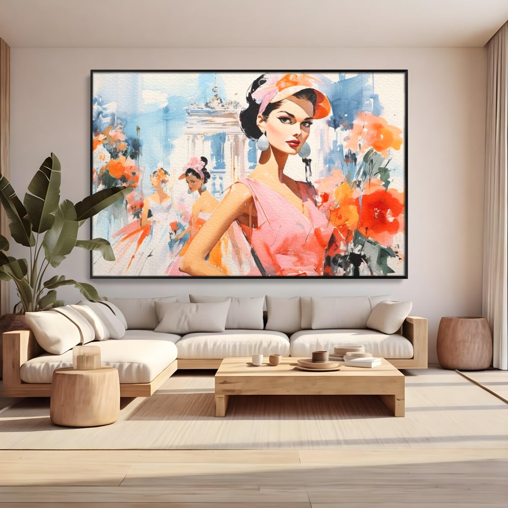 Tablou canvas cu tablou canvas cu femei la moda retro, in rama de aluminiu negru, pe perete intr-un living